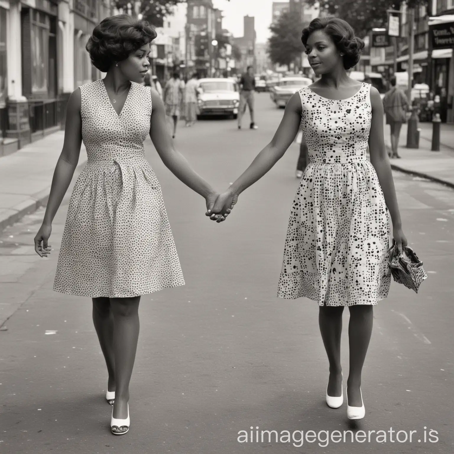 two different black mixed women holding hands in 1960s black and white picture wearing dress walking the street