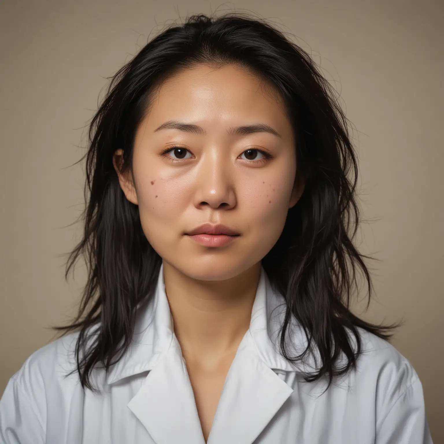 Disheveled Chinese American Woman in Lab Coat Portrait