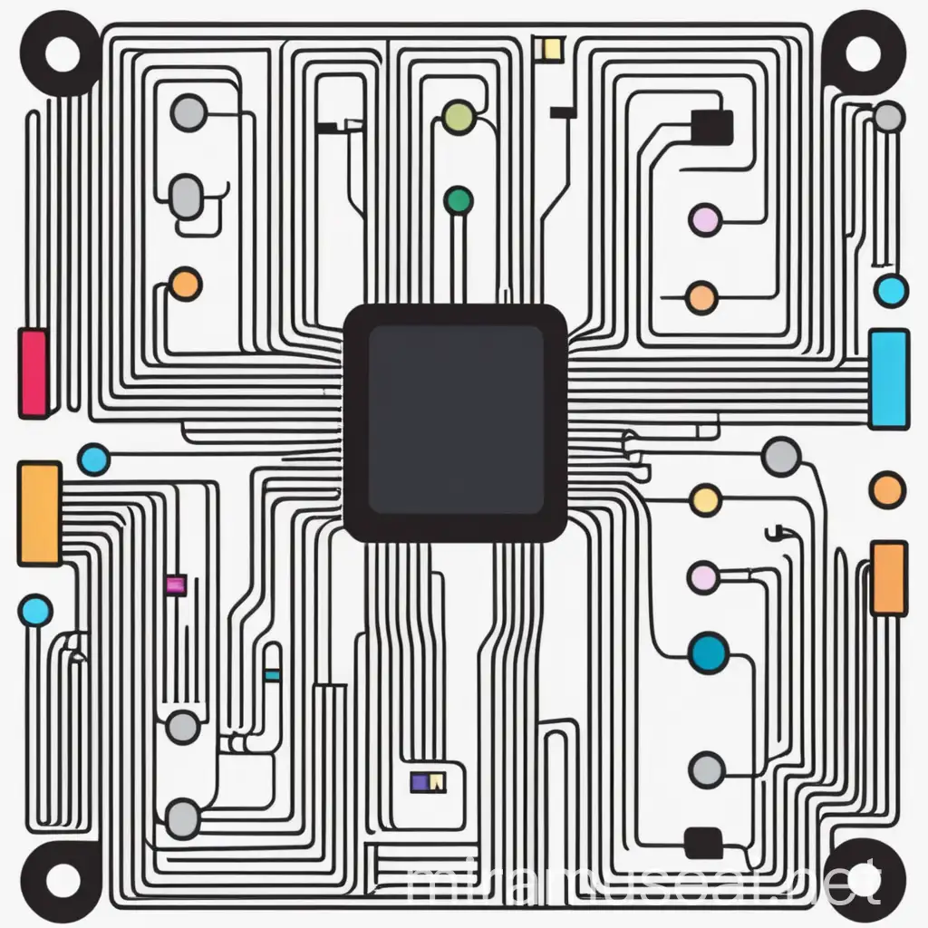 Illustration of chemical logic gate on a microchip, vector art, minimalist, colored illustration with a black outline