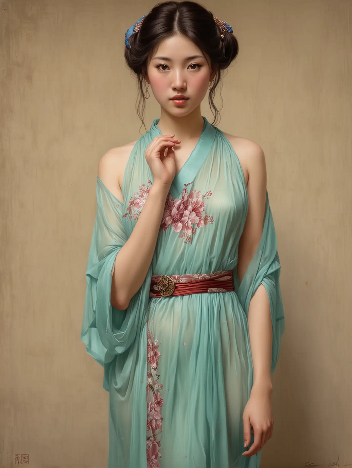 William Godward painting of beautiful, Chinese woman, undressing tiny transparent robe.