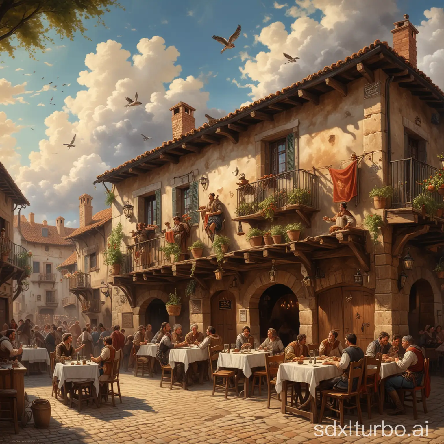 People celebrating in a Spanish tavern in the 1400s in a medieval era, 14th-century painting style, tavern with outdoor seating, curly clouds in the sky above the tavern, people celebrating in the tavern, small sparrows in the sky