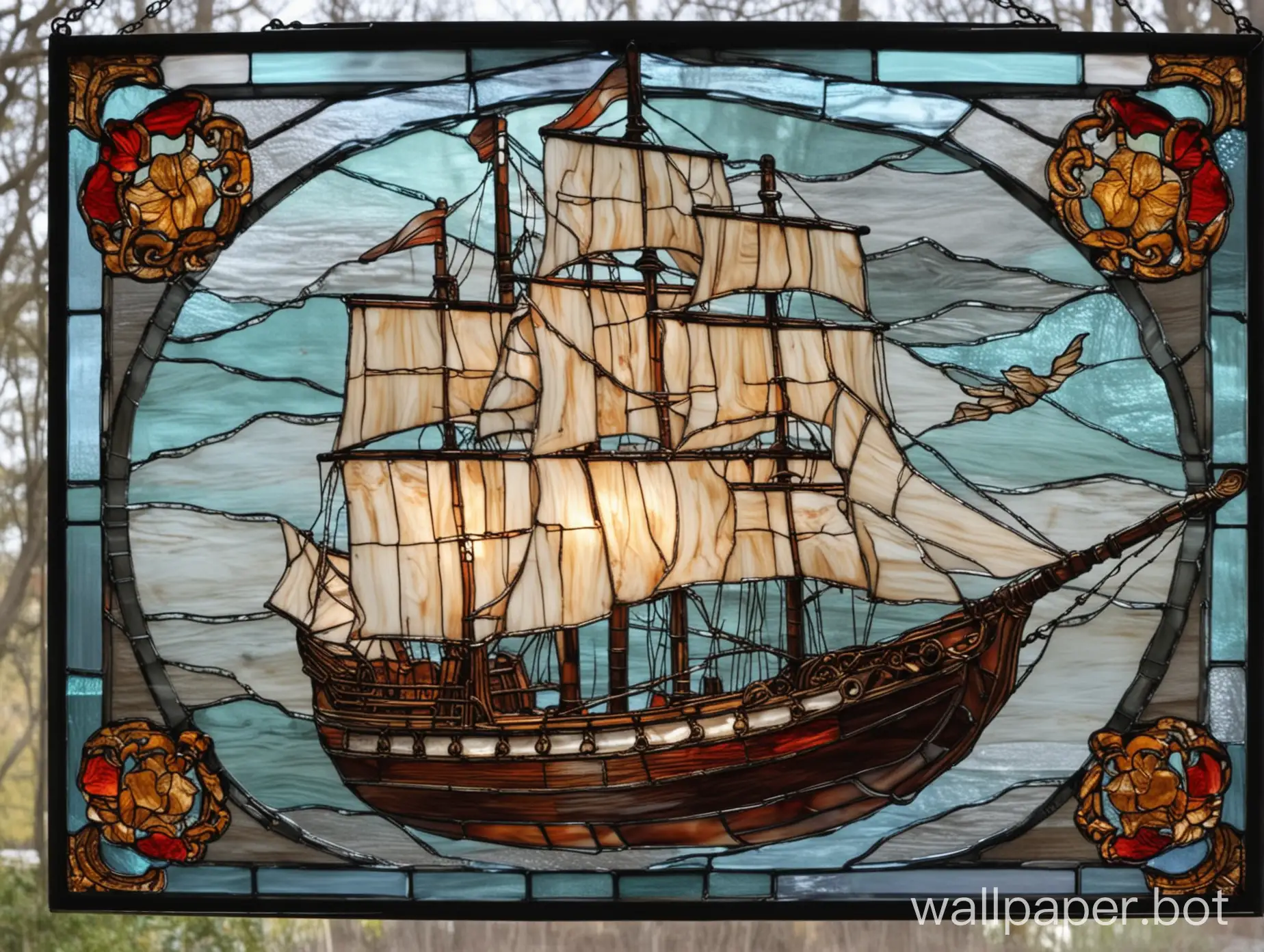 Fantasy-Stained-Glass-Flying-Ship-Soaring-through-Vibrant-Skies