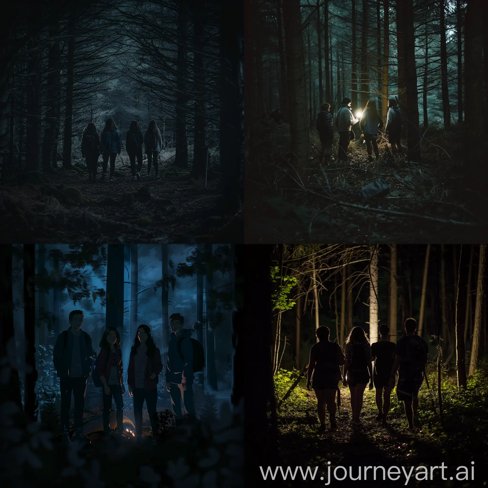 In the dark woods, there was a group of four friends who had decided to go camping that weekend.