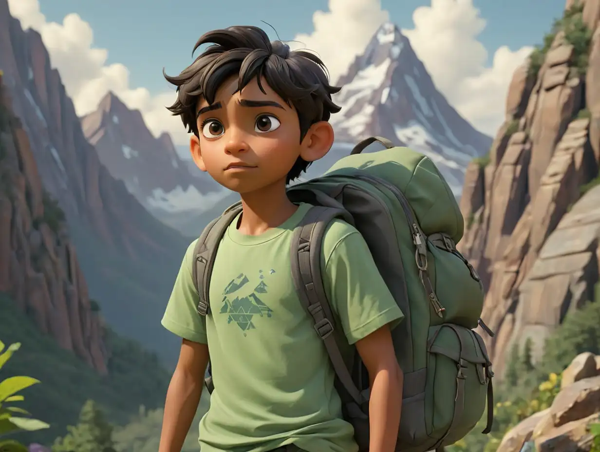 a young indian boy, green t-shirt, small backpack, stand top mountain,  3d disney inspire