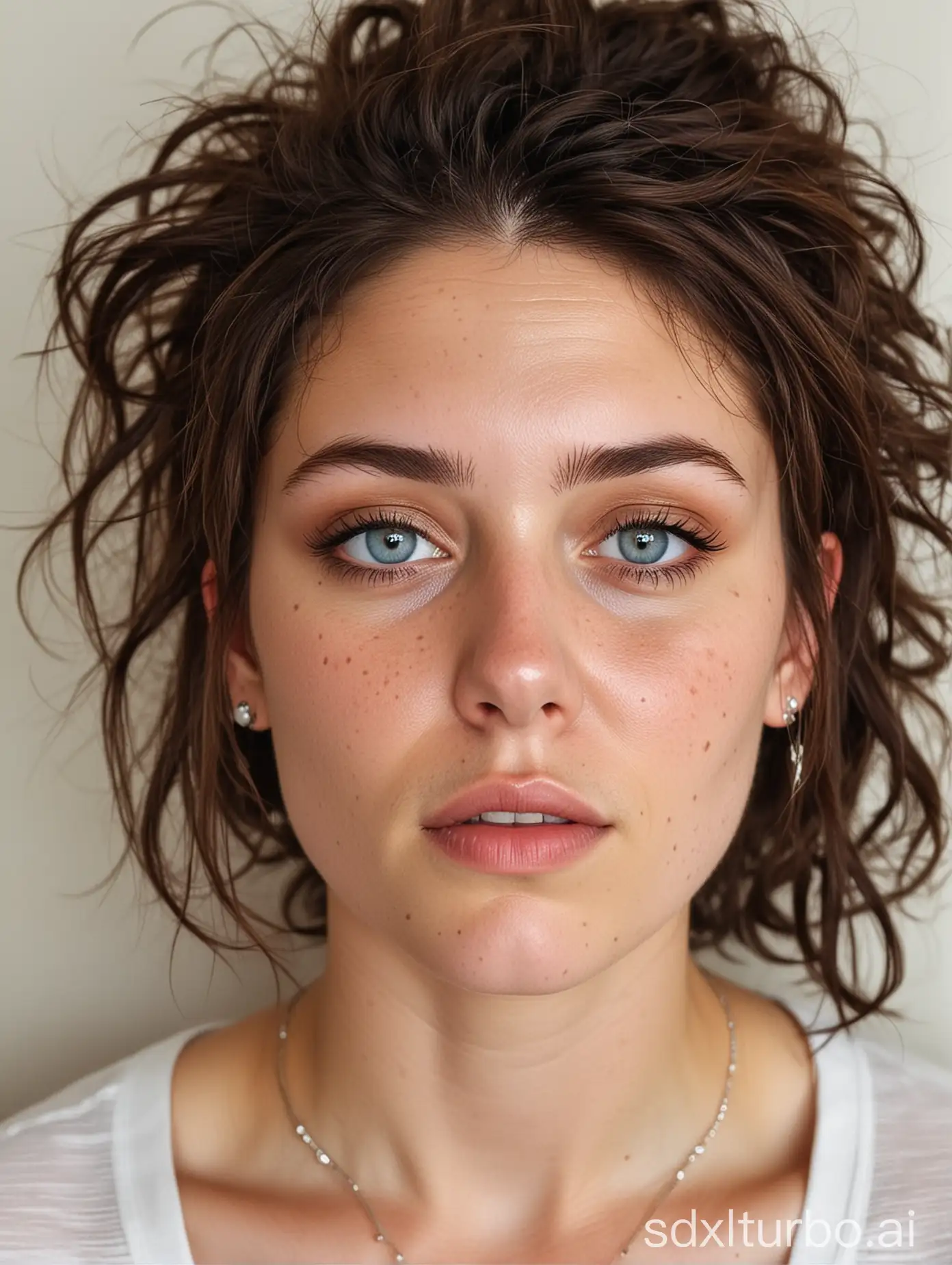 Woman, pale light skin tone, dark brown hair, brown really messy hair, brown rouge hairs, sleepy hair, bed hair, half undercut, shaven side of head, white streak in hair, a few brown dreadlocks with white string and beads on them, medium brown eyebrows, blue eyes, bags under eyes, tired eyes, loads of freckles, no make-up, thin-lips, skinny thin face
