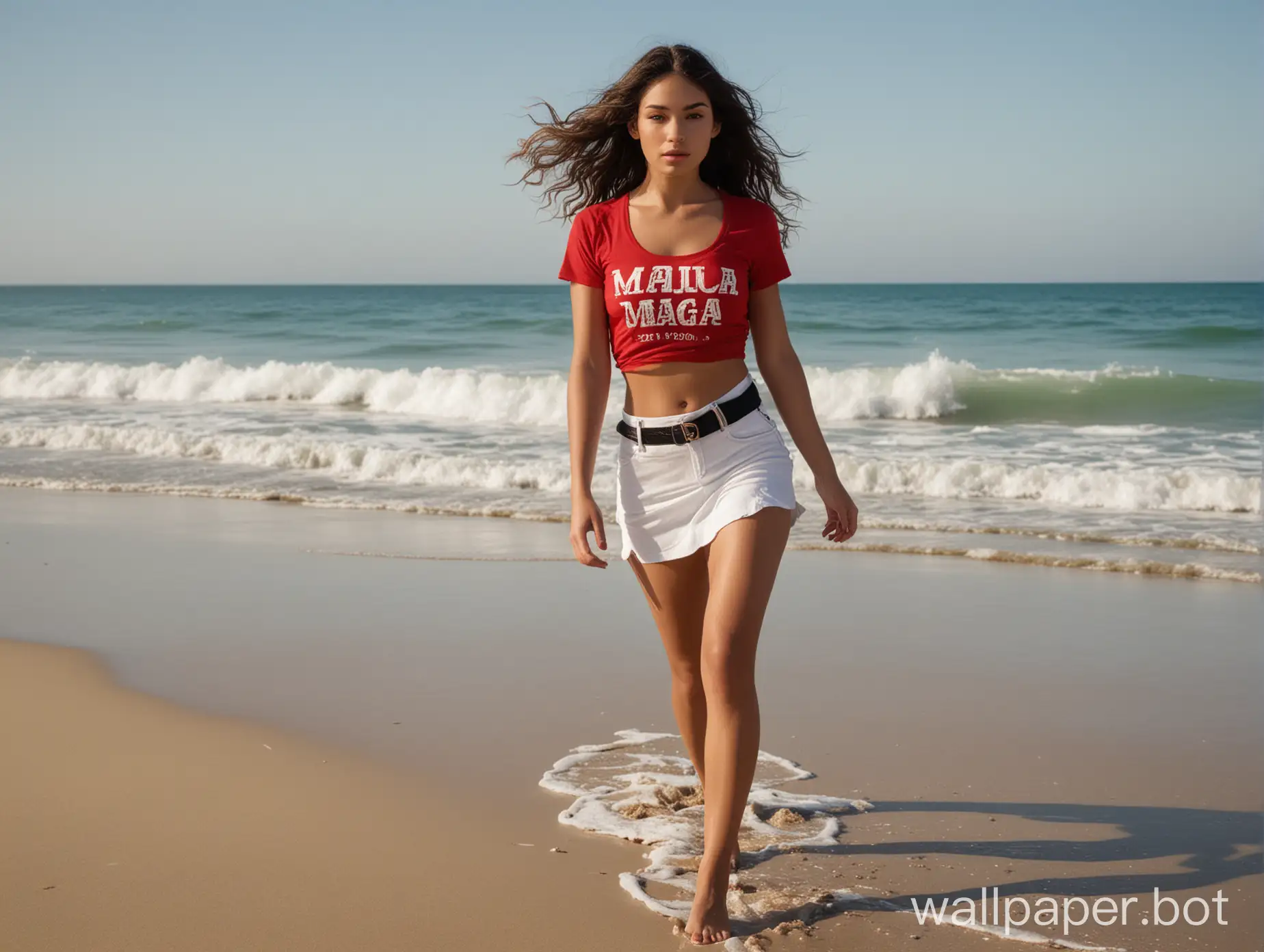 A captivating image of a self-assured attractive Latina model strolling along a sun-kissed beach. She confidently strides through the golden sand, with the pristine blue ocean as her backdrop. Her outfit consists of a short, form-fitting black miniskirt and a red T-shirt bearing the bold statement "MAGA" in white letters. Her long, wavy hair flows gracefully down her back, contrasting her determined stride. The determined glint in her eyes and her unwavering posture exude a strong sense of independence and self-confidence, highlighting her connection to the natural beauty of the beach.
