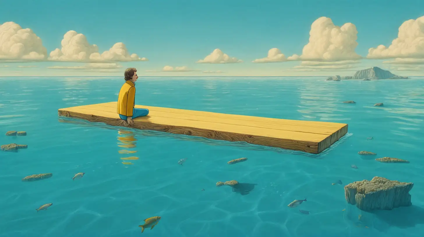 Solitary Figure Drifting on Oceans Expanse A Cinematic Fantasy Scene in Wes Anderson Style