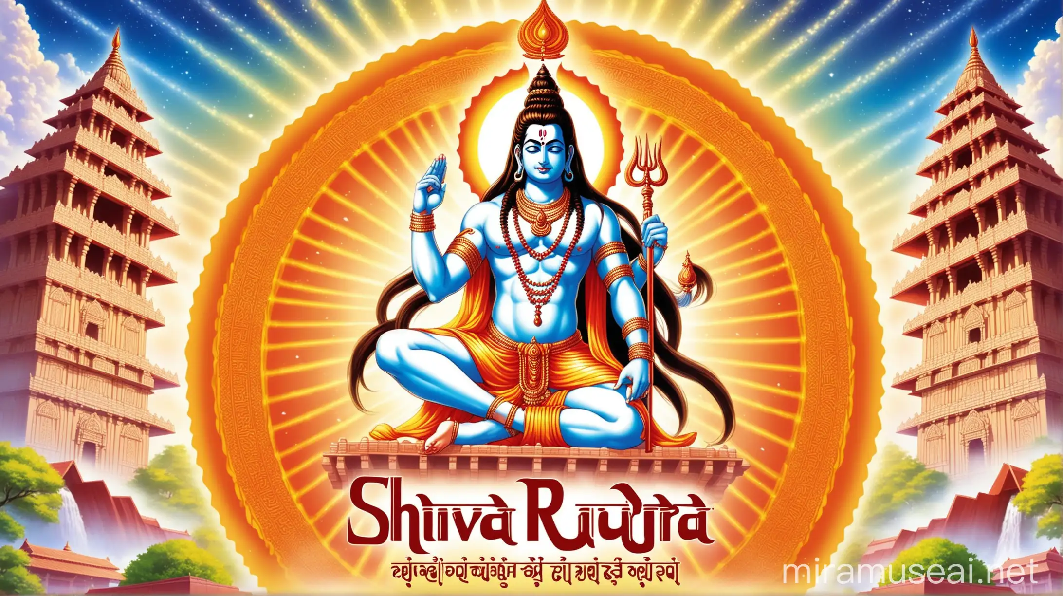 Make a Bollywood type movie poster with a picture of Lord Shiva And Lord Gayatri Devi inside it, a beautiful garden and a temple  Poster title : " Shiva Rudra Gayatri Mantra "
