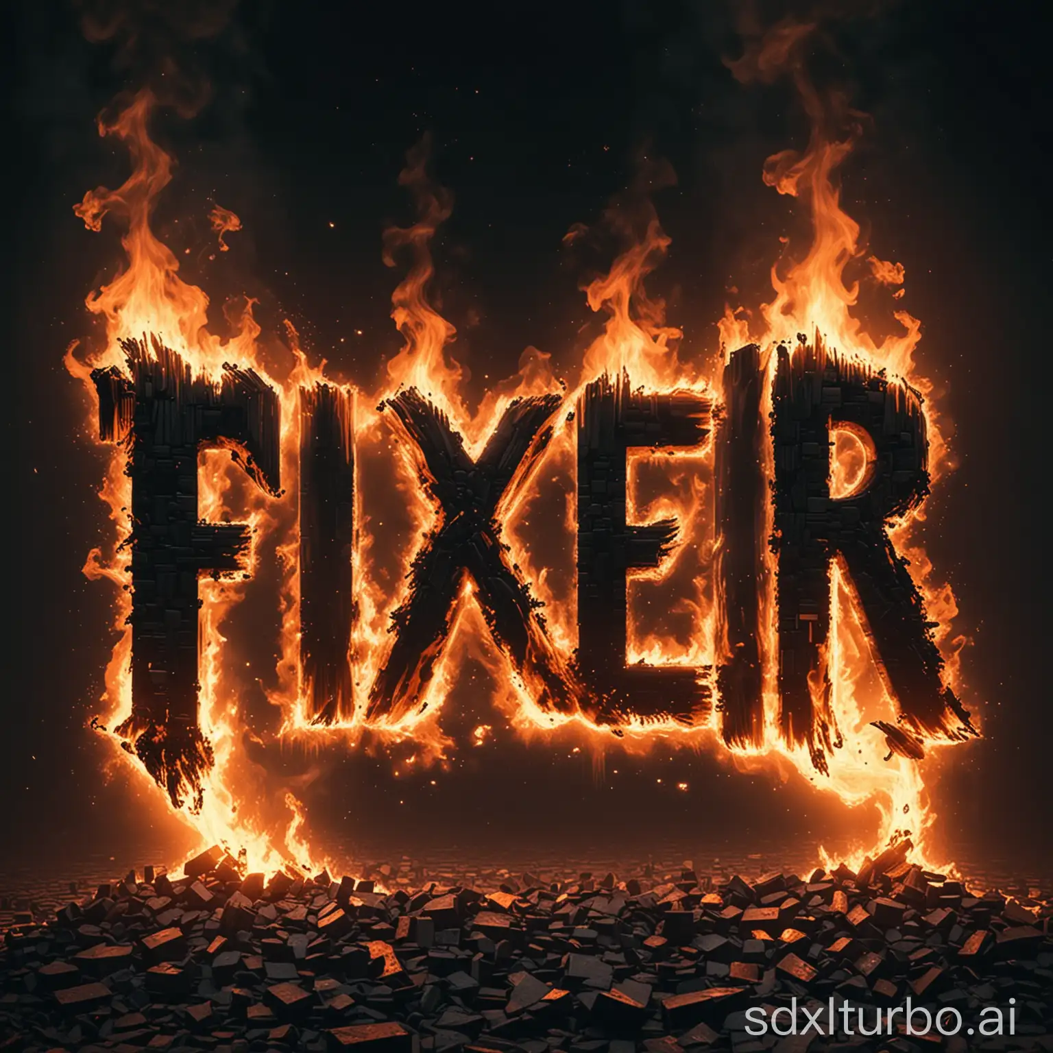 the word fixer on fire glitch effect, distorted effect, some pixelize effects on a dark surface
