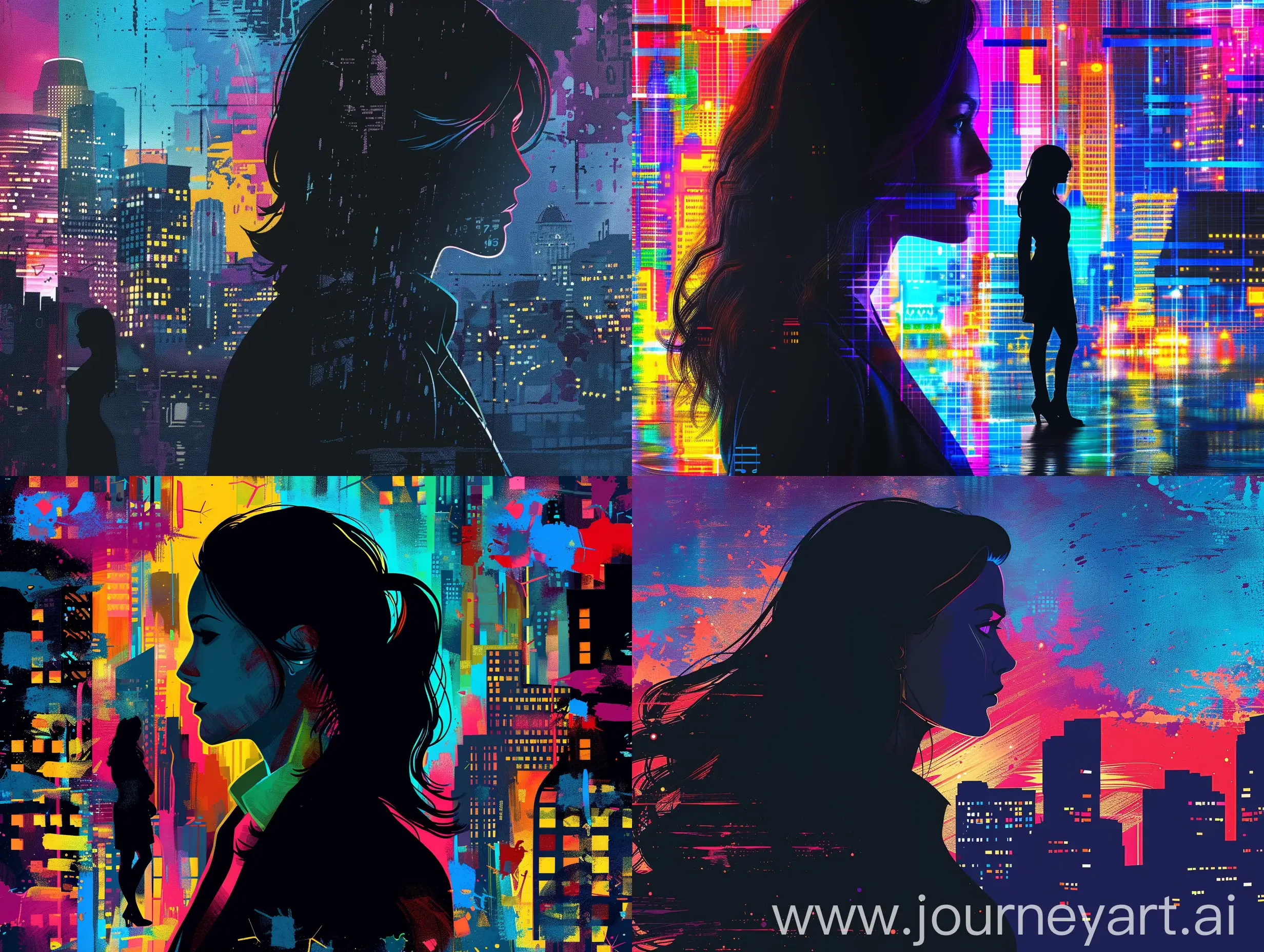 Time-Traveling-CEO-and-Silhouetted-Female-in-Urban-Night-Colorful-Portrait