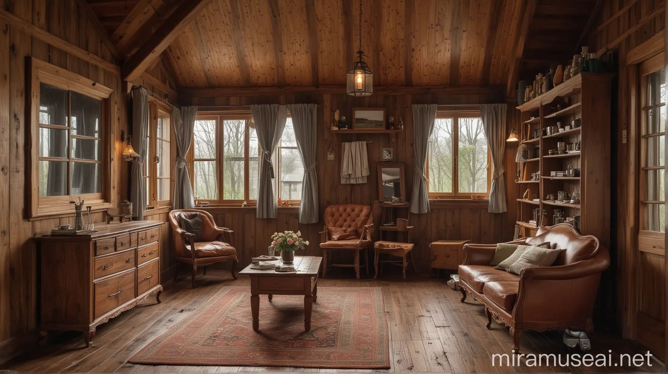 Cozy Wooden House Interior in Rainy Weather
