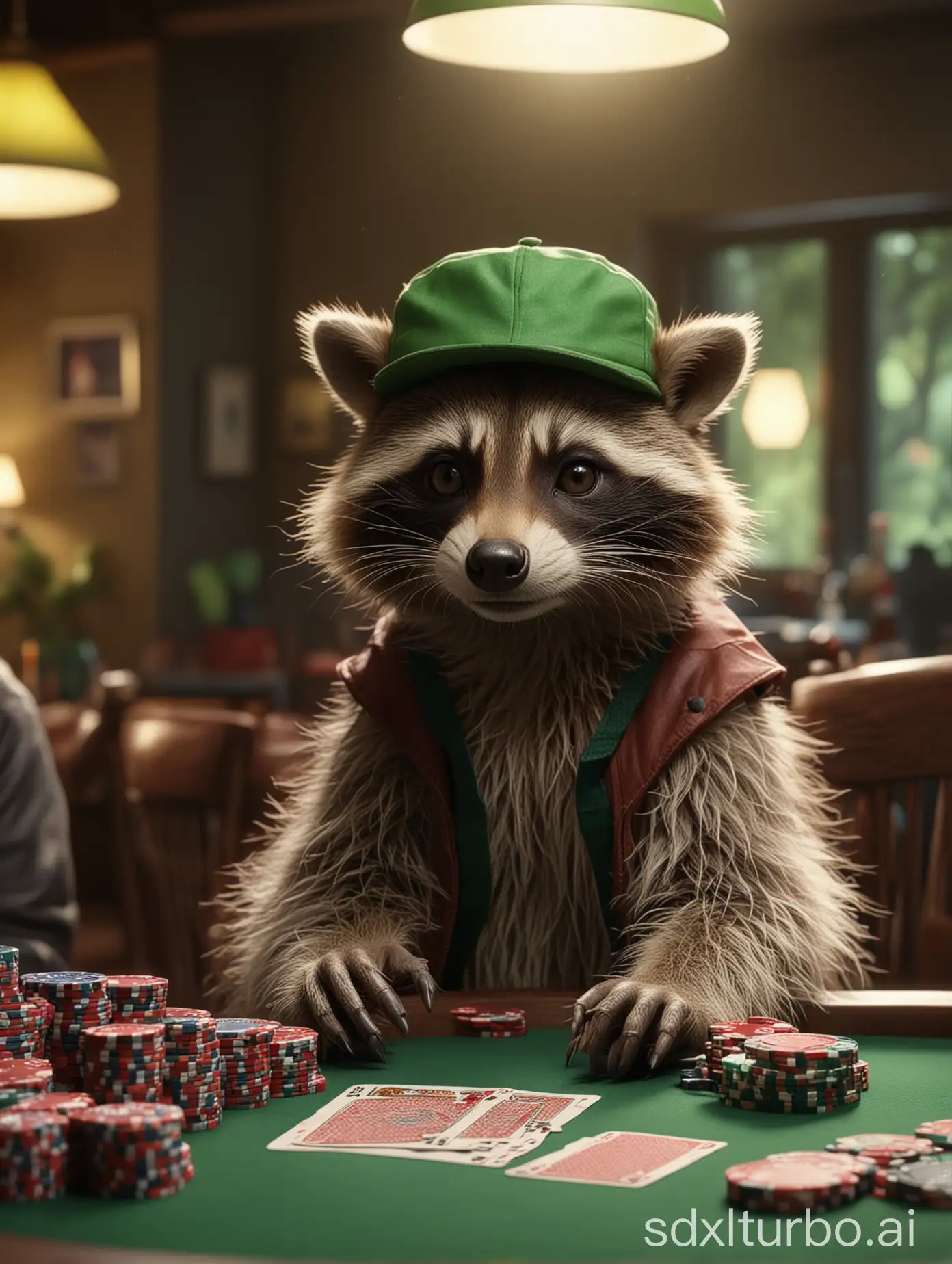 a raccoon with a green visor poker hat, playing poker at a poker table, low-angle table view dolly in, cinematic unreal engine