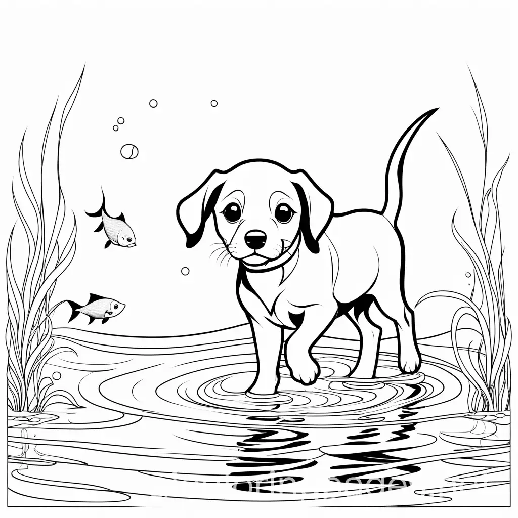a puppy walking on water and in the water below the puppy you can see fish coloring page black and white line art, Coloring Page, black and white, line art, white background, Simplicity, Ample White Space.