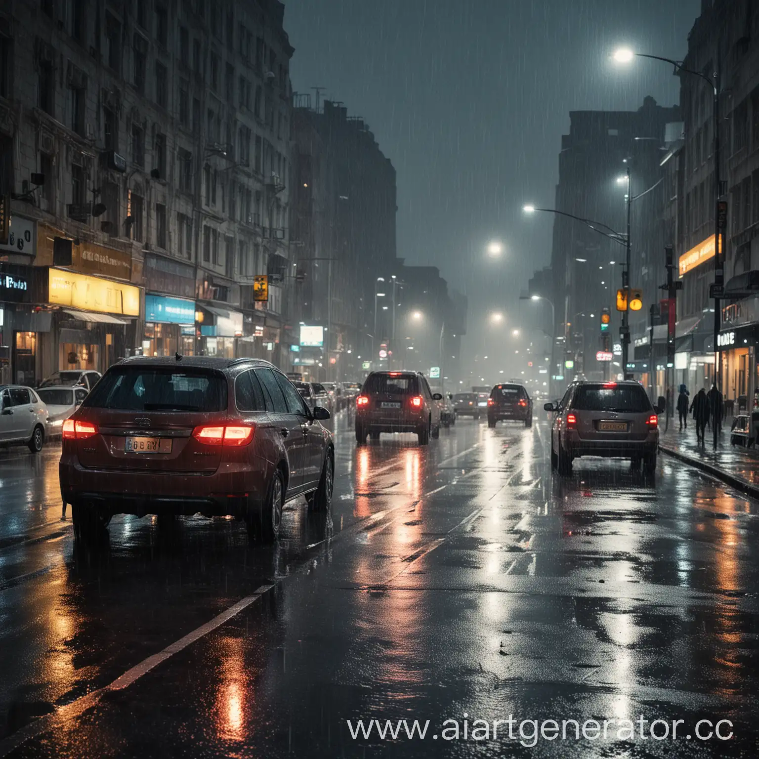 Ночной город, идет дождь, много машин на дороге