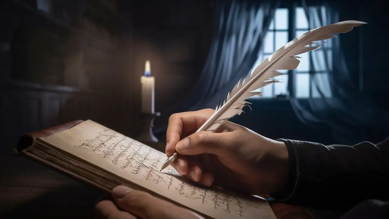 Person Writing in a Book with Quill Pen on Vintage Desk