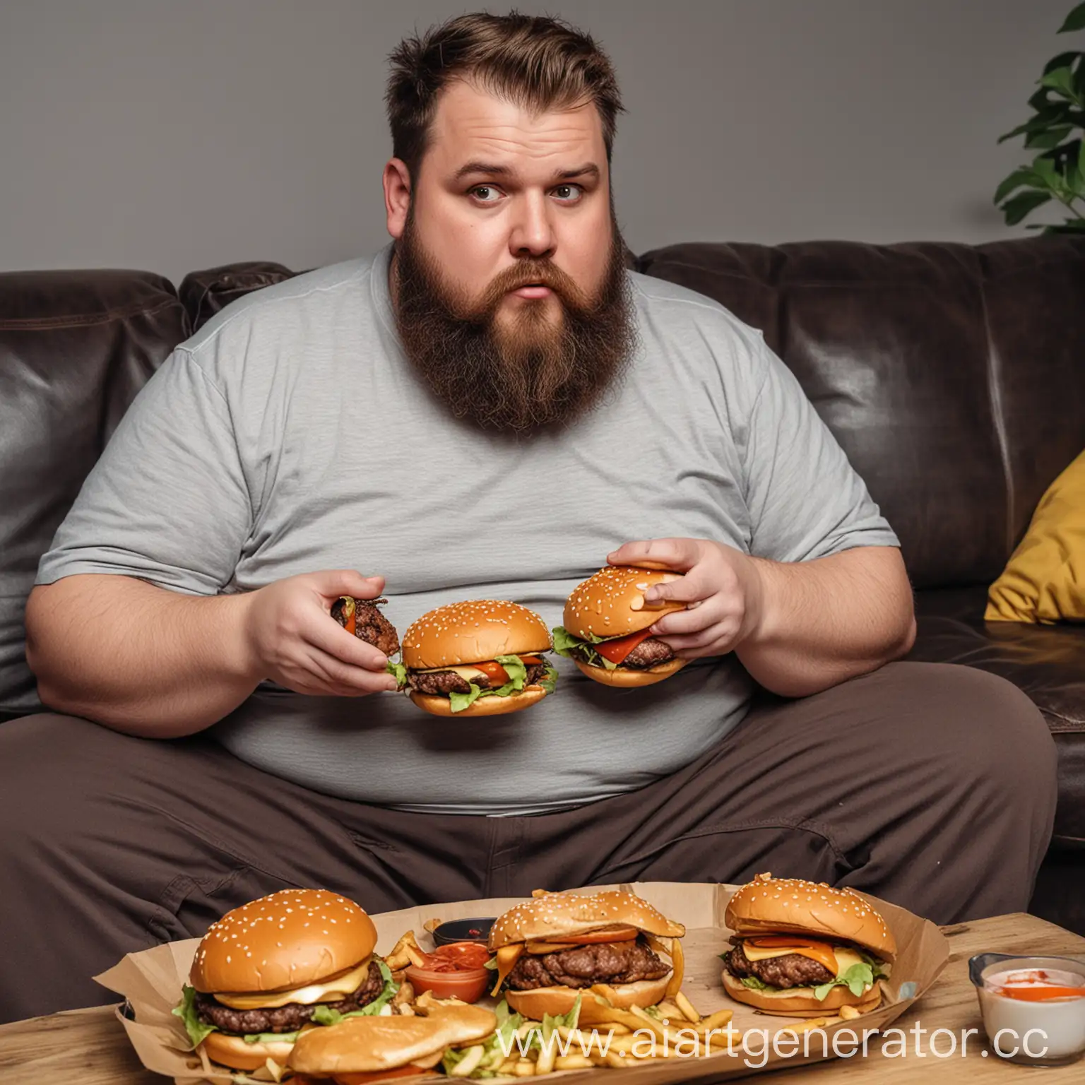 Толстый и бородатый мужчина сидит на диване кушая бургеры и играя в приставку.

