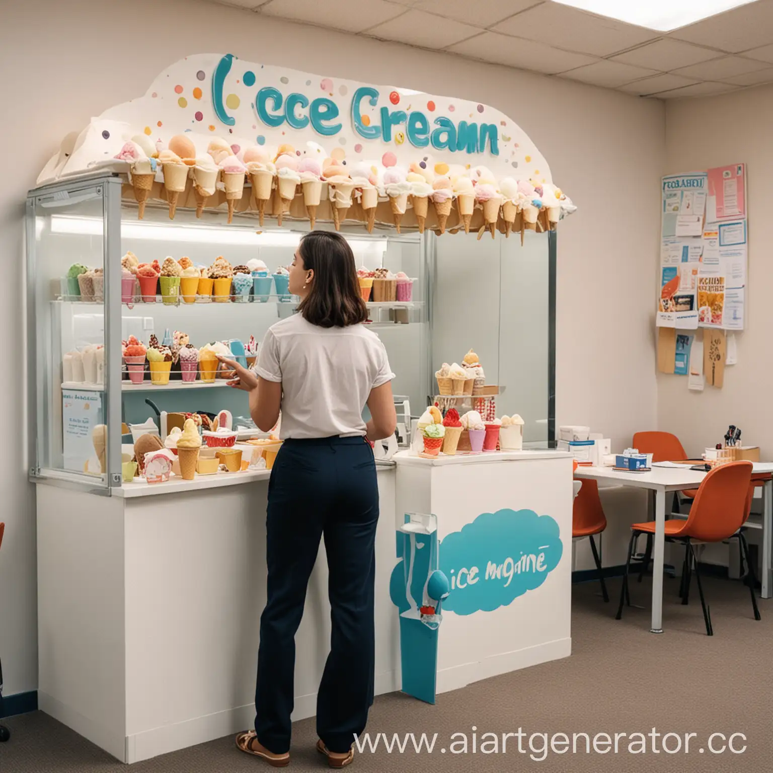 İmagine ice-cream stands in office, people to service employee taking ice-creams.