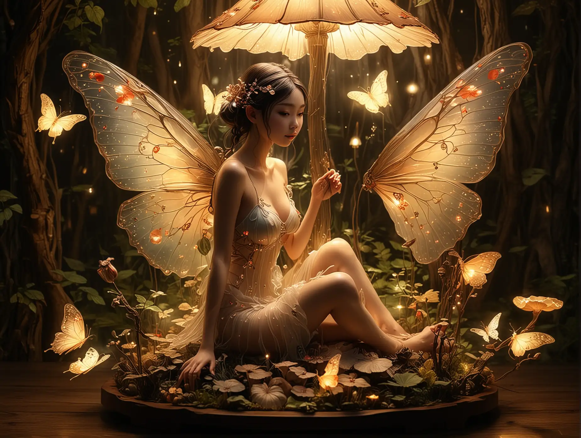 beautiful asian fairy / beautiful translucent butterfly like wings/ bathing in the mythical mushroom forest at night holding lamp body size : 36-24-36