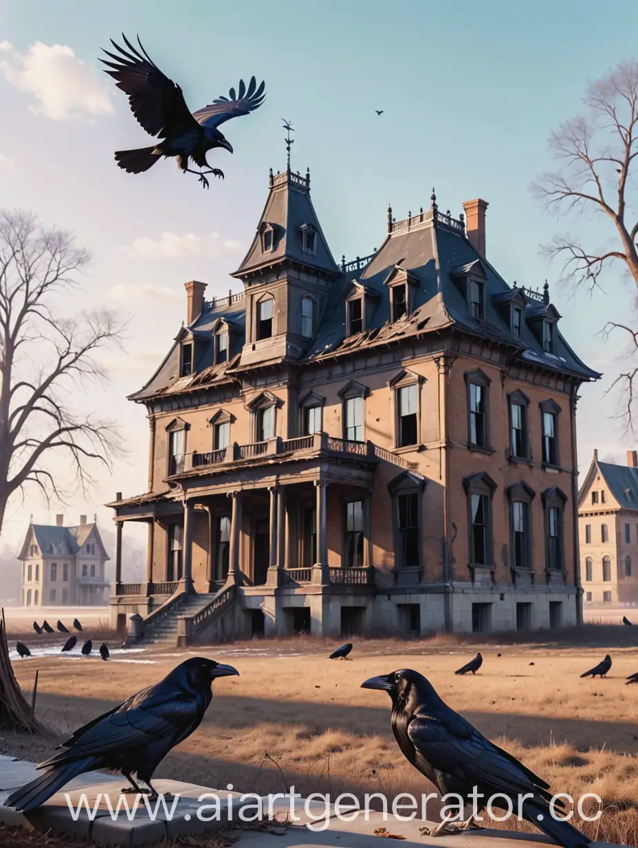 Ravens in the foreground look at a dilapidated mansion