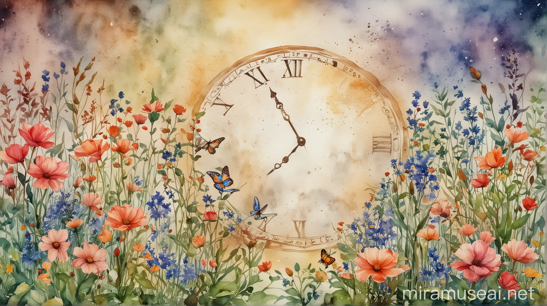 Tranquil Garden of Time Serene Watercolor Background