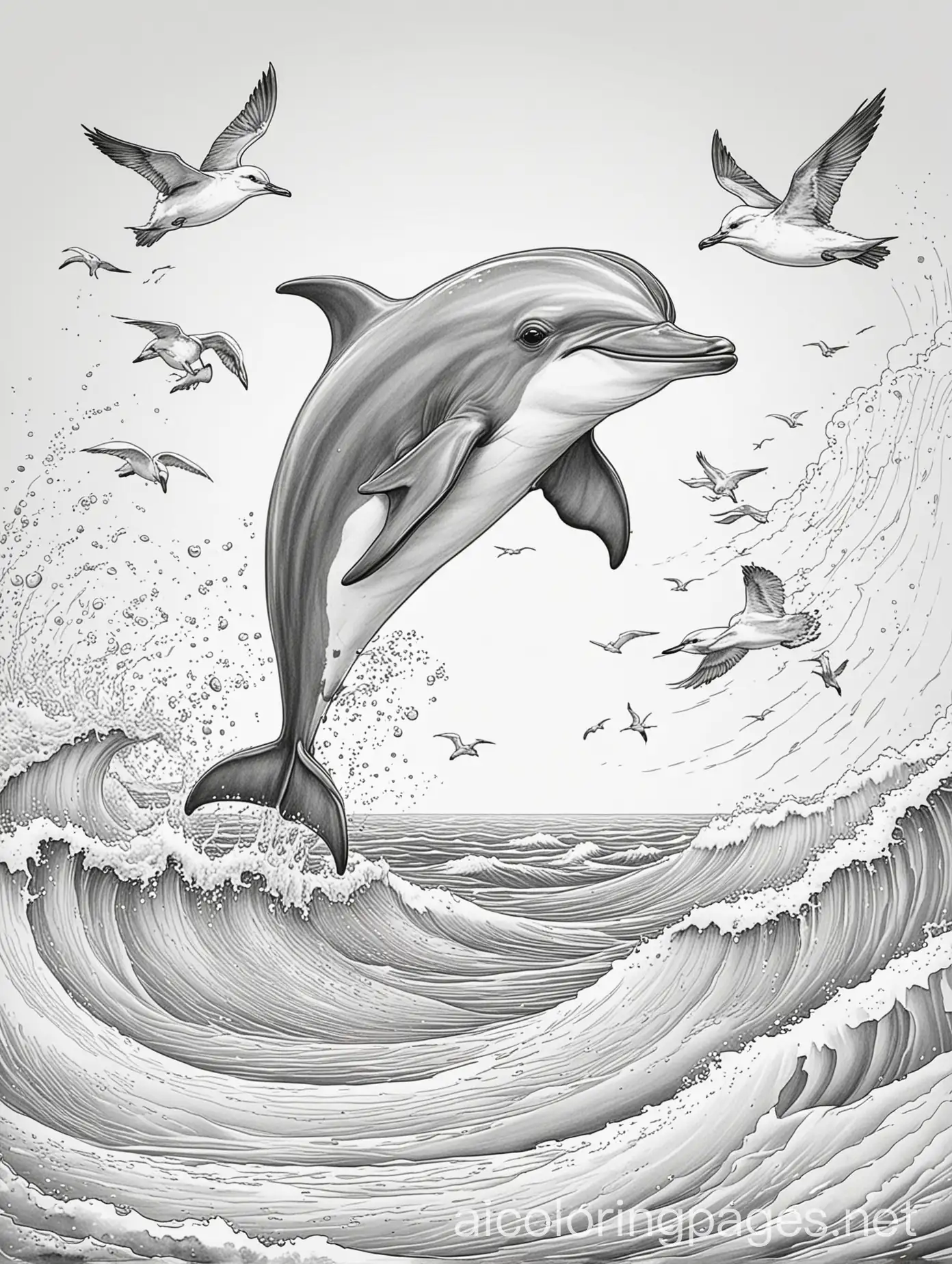 Cute dolphin leaping out of the ocean waves under a clear blue sky with seagulls flying overhead scene , Coloring Page, black and white, line art, plain white background, Simplicity, Ample White Space. The background of the coloring page is plain white to make it easy for young children to color within the lines. The outlines of all the subjects are easy to distinguish, making it simple for kids to color without too much difficulty, Coloring Page, black and white, line art, white background, Simplicity, Ample White Space. The background of the coloring page is plain white to make it easy for young children to color within the lines. The outlines of all the subjects are easy to distinguish, making it simple for kids to color without too much difficulty