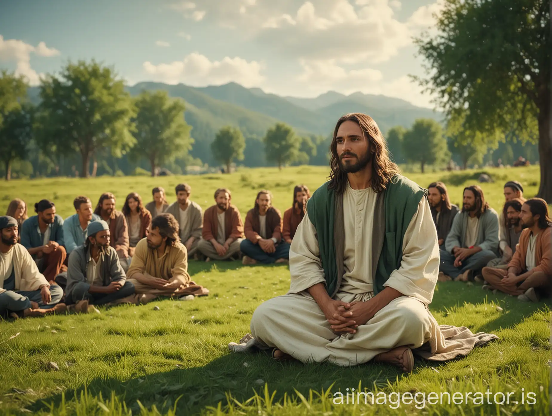 Jesus Christ sitting down on green grass teaching a lot of people with modern casual clothes outdoor, panoramic, 4K, panoramic shot, vibrant color grading, bokeh, adventure, 16:9 ratio