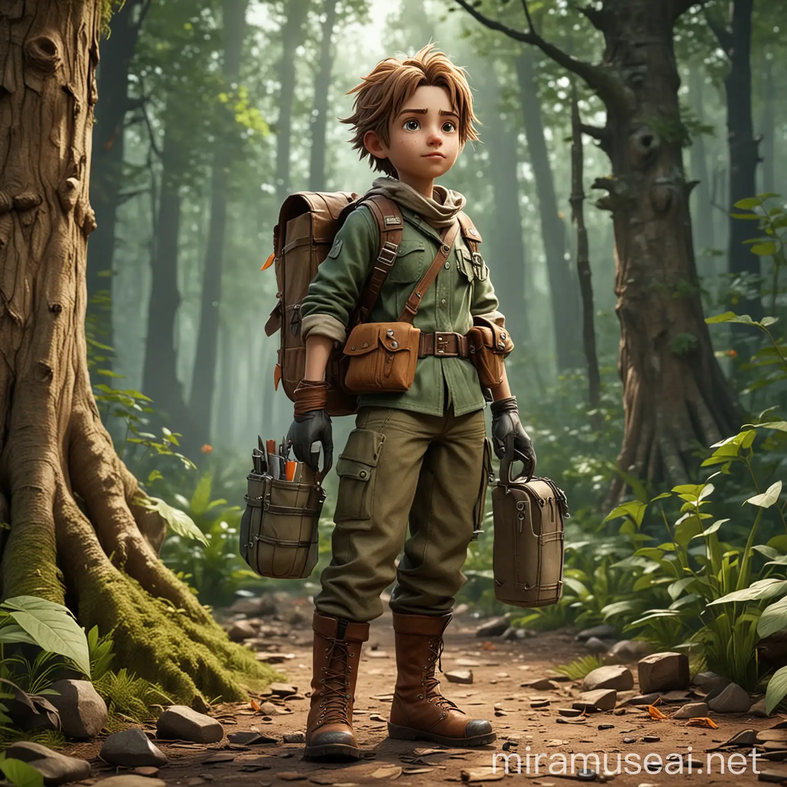 Create an Image of a young eco-warrior character looking determined and youthful. The character is dressed in eco-friendly, practical attire suitable for forest activities, including durable boots, gloves, and a tool belt with gardening tools. The character has a small bag or backpack for carrying supplies and is equipped with a magic amulet given by the ancient tree spirit, Arbor.
The character should be animated and 2D cartoonic hero best for the game
