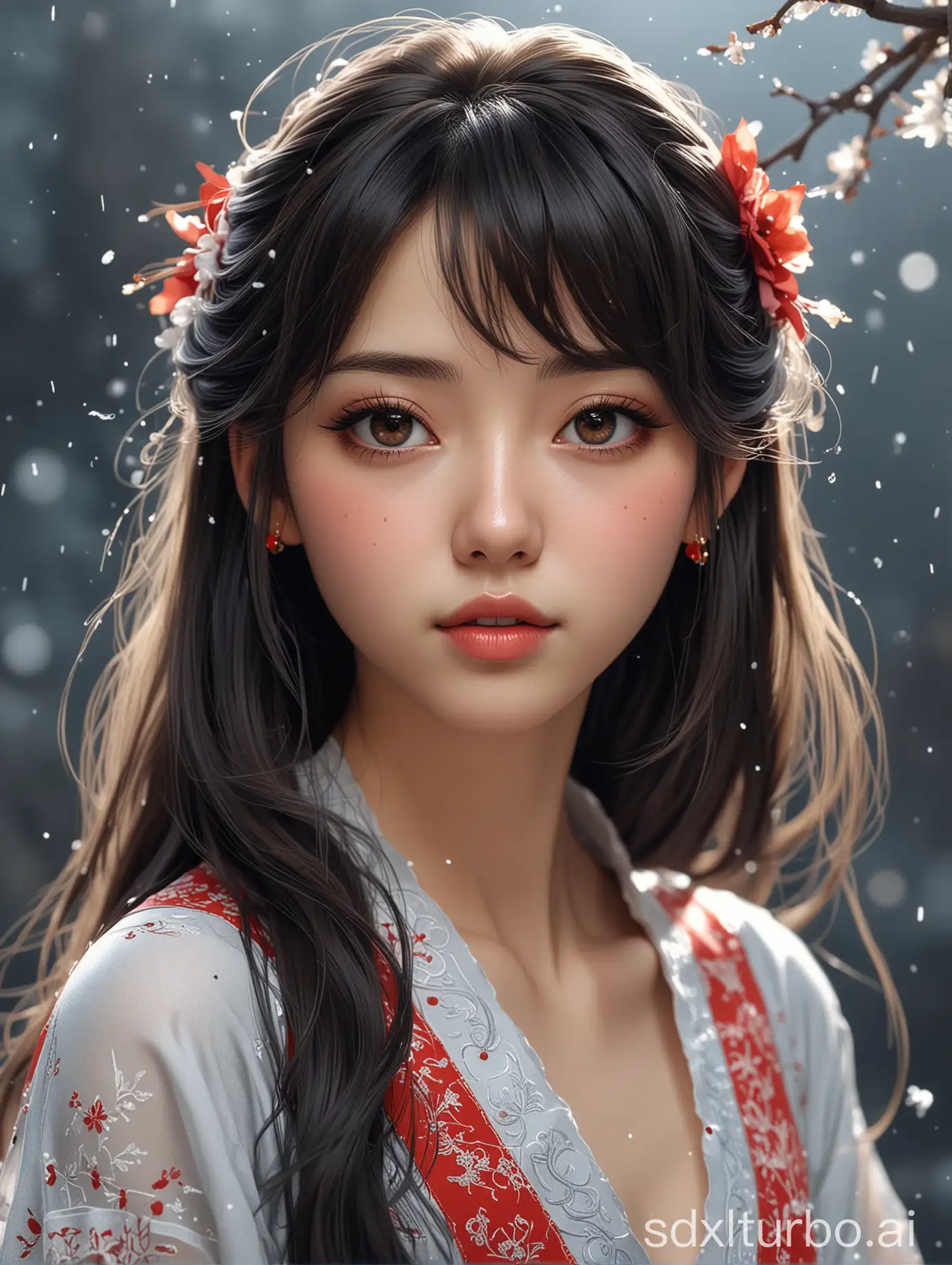 <lora:sanweihu:1>, sanweihu,1girl, solo,black hair, long hair,(portrait:1.3),hair ornament, pointy ears,, closed mouth, red eyes, lips, bangs, collarbone, brown eyes, bare shoulders, hair stick, china guzhuang, snowing, <lora:Freehand_Brushwork:0.2>,<lora:bg_imgs-10:0.4>, bg_imgs,<lora:sketch_style:0.2>, <lora:zyd232_InkStyle_v1_0:0.2>, ink sketch, <lora:add_detail:0.4>, (see-through:1.4),, best quality , masterpiece, illustration, an extremely delicate and beautiful, extremely detailed, Amazing, finely detail, masterpiece, best quality, official art, extremely detailed CG unity 8k wallpaper, absurdres, incredibly absurdres, huge filesize , ultra-detailed, highres, extremely detailed, beautiful detailed girl