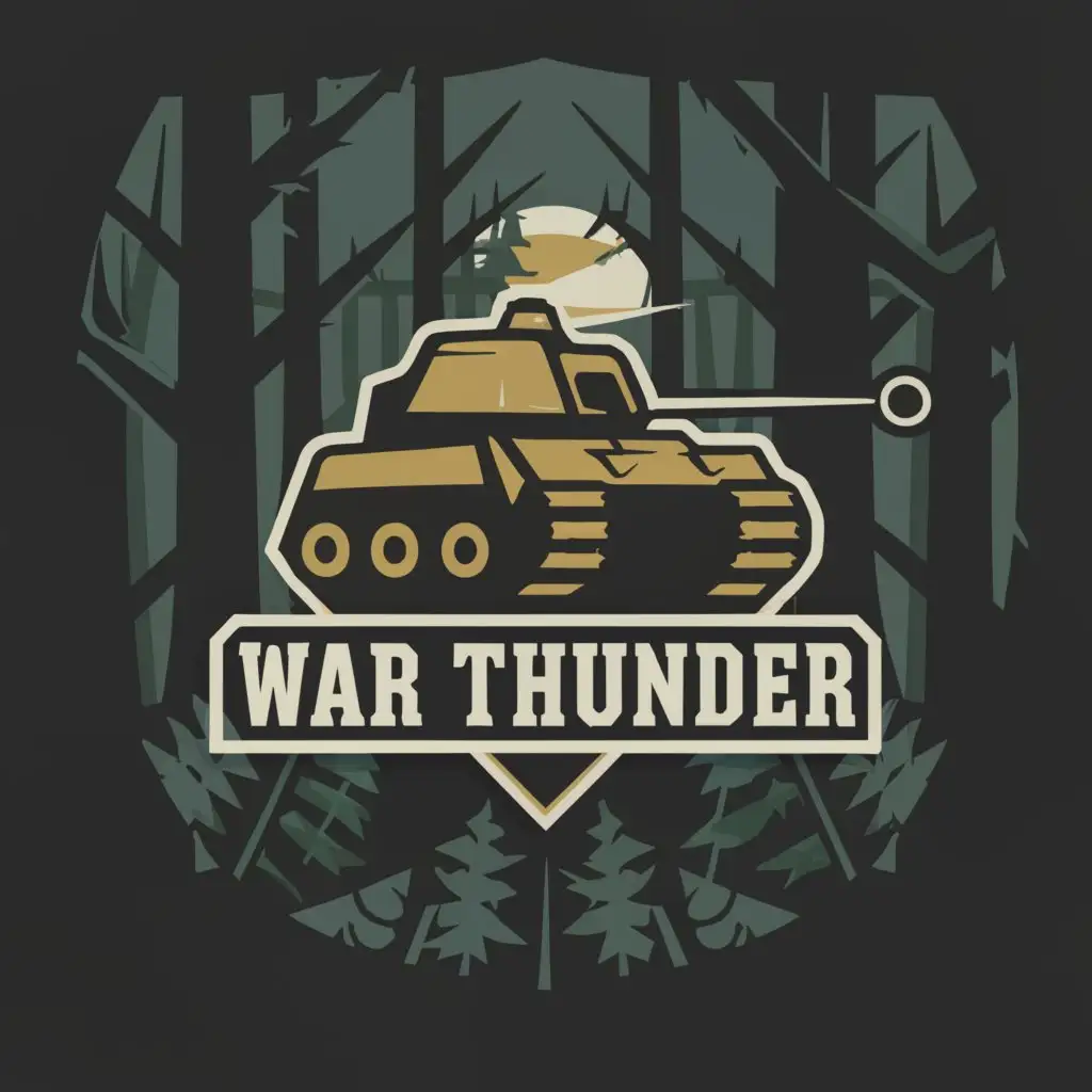 a logo design,with the text "WAR THUNDER", main symbol:Tank against the backdrop of the forest,Moderate,be used in Game industry,clear background