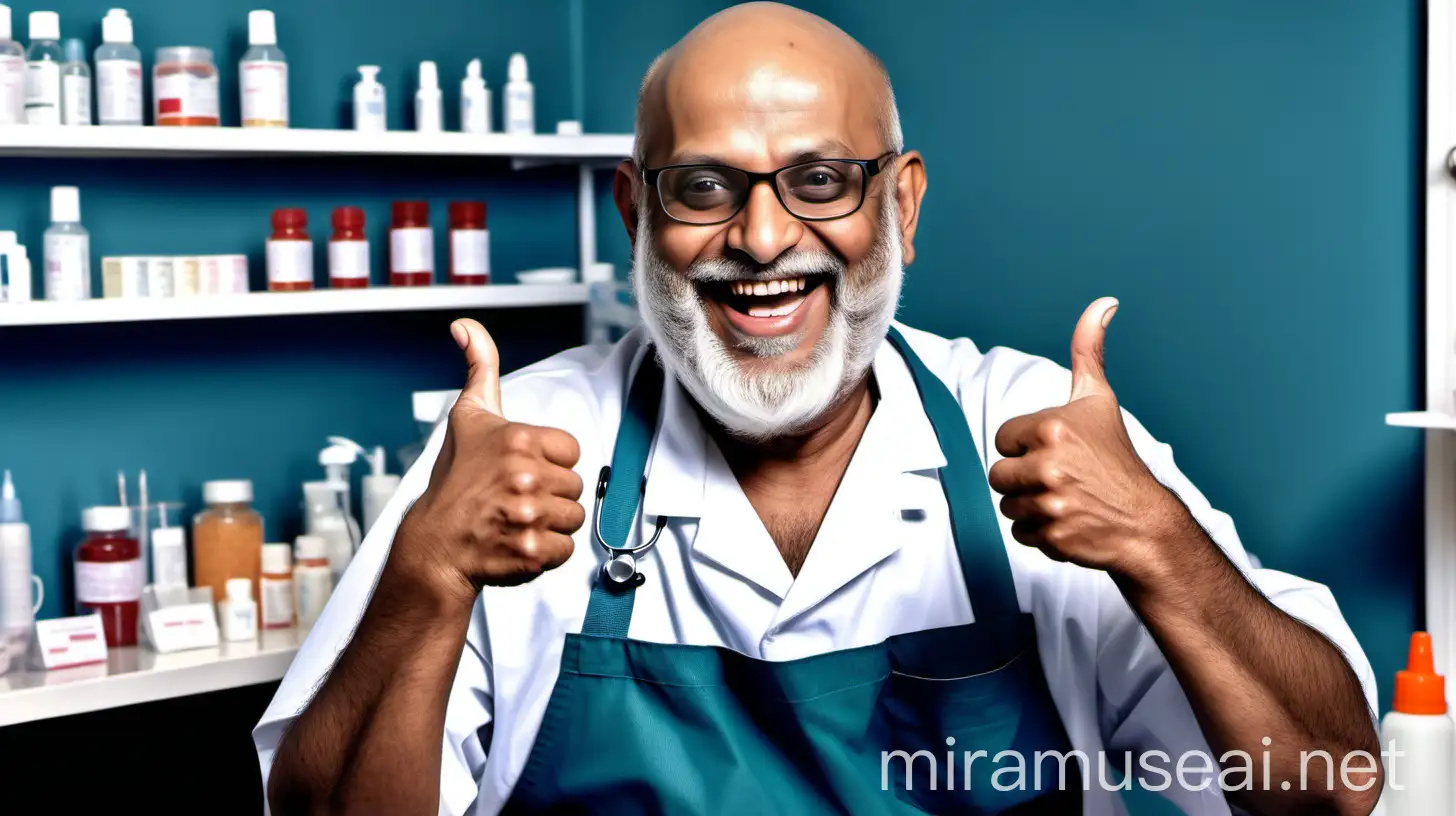 a  fat matured no  hair on scalp and french cut beard style , indian doctor aged 57 years old  wearing an apron and a stethoscope , he is happy and laughing  watching with  mysterious  eyes sitting on a chair , showing a thumbs up , he is wearing a spectacles, in back ground there is  a medicined  store 
