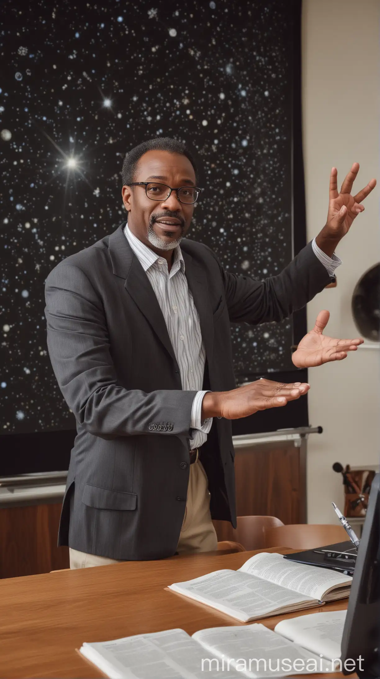 An Astronomy professor giving a lecture in a university. He is African American. His hands are out of view.