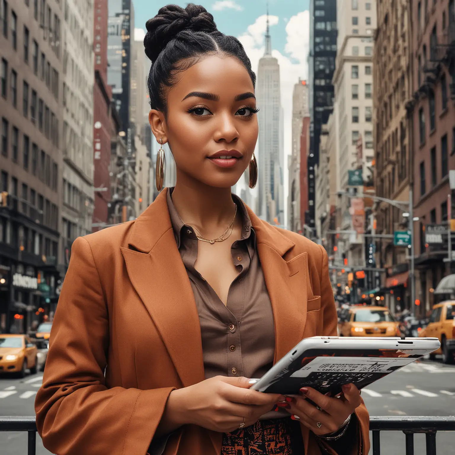 Design a sleek and professional book cover for a business planner digital product titled 'Dwntwnhustle: Your Ultimate Business Planner.' The cover should feature a realistic melanated model with a blend of indigenous and Eurocentric features, black hair, and brown skin. She is dressed in stylish professional attire, standing confidently in the vibrant streets of New York City. She holds a laptop in one hand and an iPhone in the other, exuding a badass, entrepreneurial spirit. Incorporate elements of the bustling NYC cityscape in the background, with bold, modern typography for the title and subtitle. Use a color palette that reflects the energy and hustle of the city.