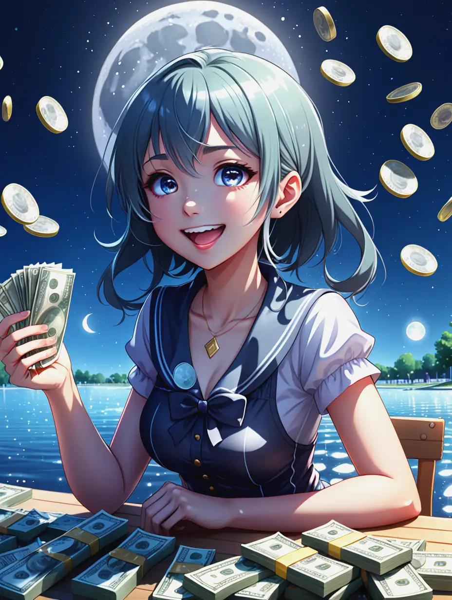 cartoon version, anime, pretty girl water ice moon, happy, counting money, table full of cash, sunlight pouring in