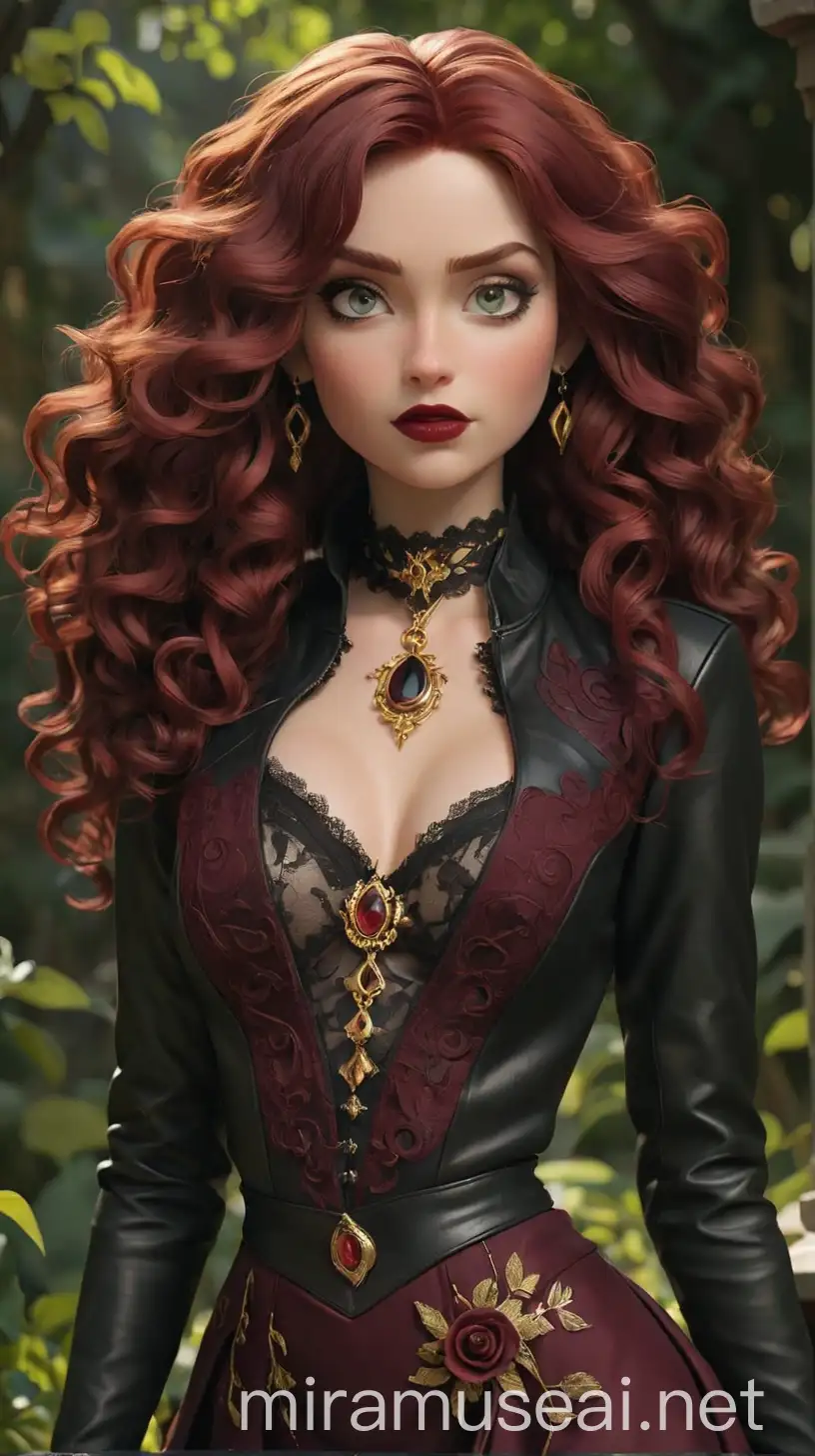Ginger Gothel in Dark Burgundy Velvet Dress and Leather Jacket