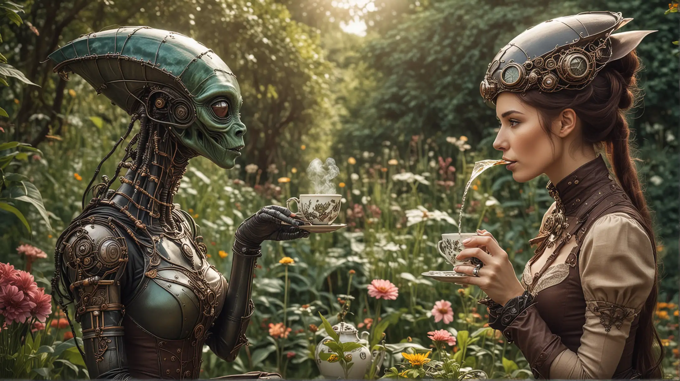 A beautiful steampunk woman drinks tea with an alien being in a garden