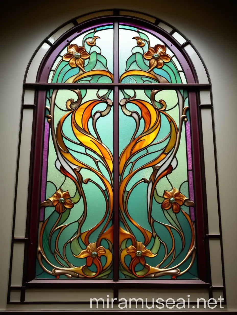 Art Nouveau Stained Glass Window in Bathroom