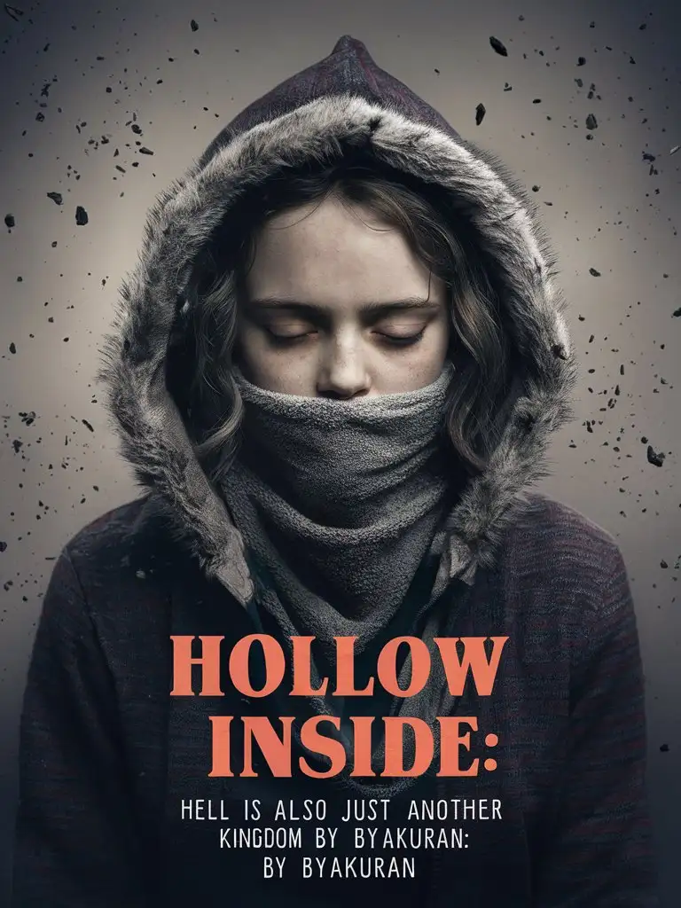 demale eleven, fur-lined hoodie, full body, stranger things, snood-mouth-covering-shawl, horror
the following describes the caption with ash flaking around it
large letters:"Hollow Inside:"
next line:"Hell is also just another´ Kingdom By Byakuran"