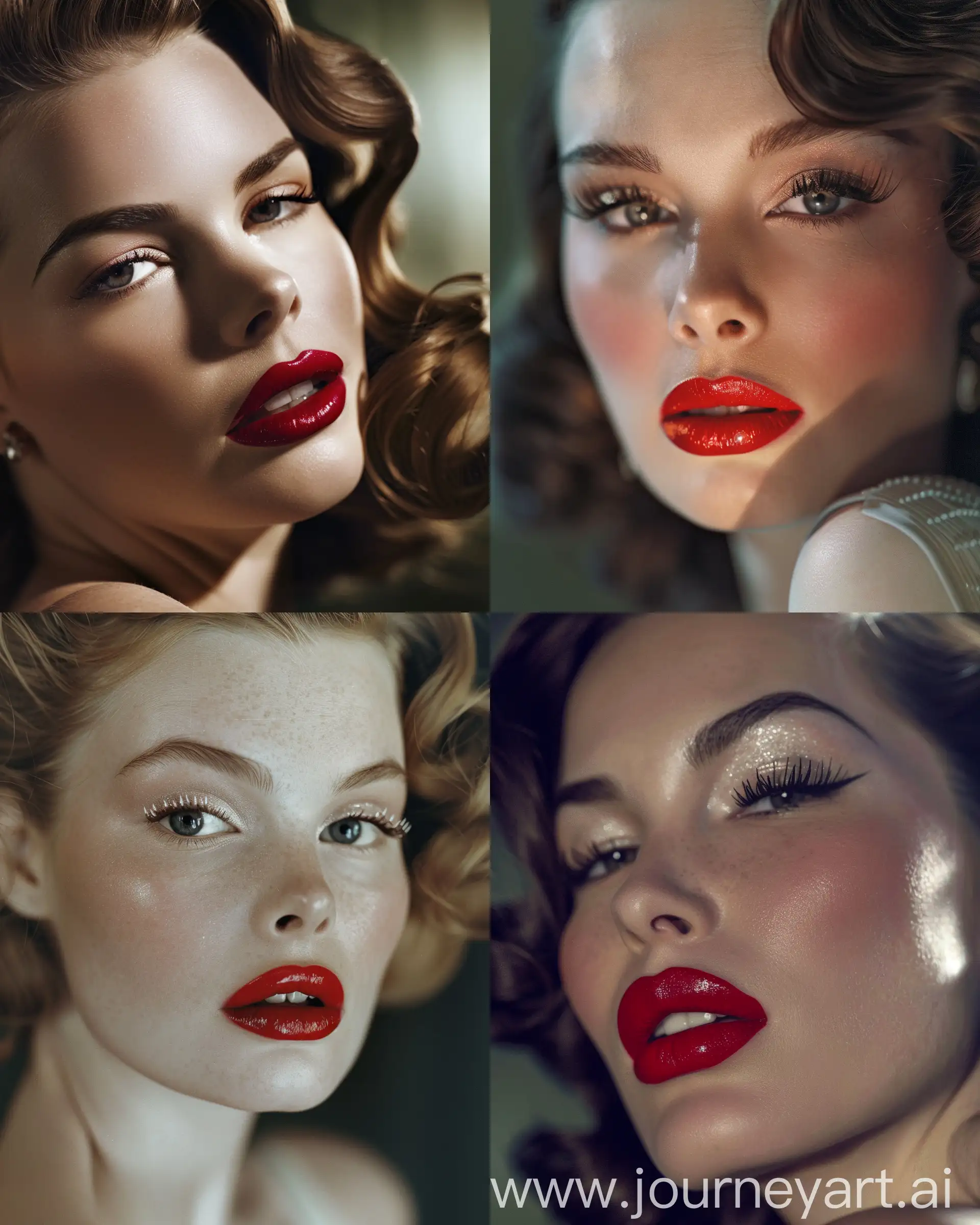 An elegant closeup portrait of a woman exuding a sense of classic
Hollywood glamour. Her full lips are painted with bold red matte lipstick, her
eyelashes are thick with mascara and her cheeks are highlighted to perfection.
The hair is styled in sleek vintage curls. All is set against a backdrop of soft,
diffuse lighting to accentuate the luxurious feel of the scene, at night 1950s --ar 4:5 --v 6 --
style raw