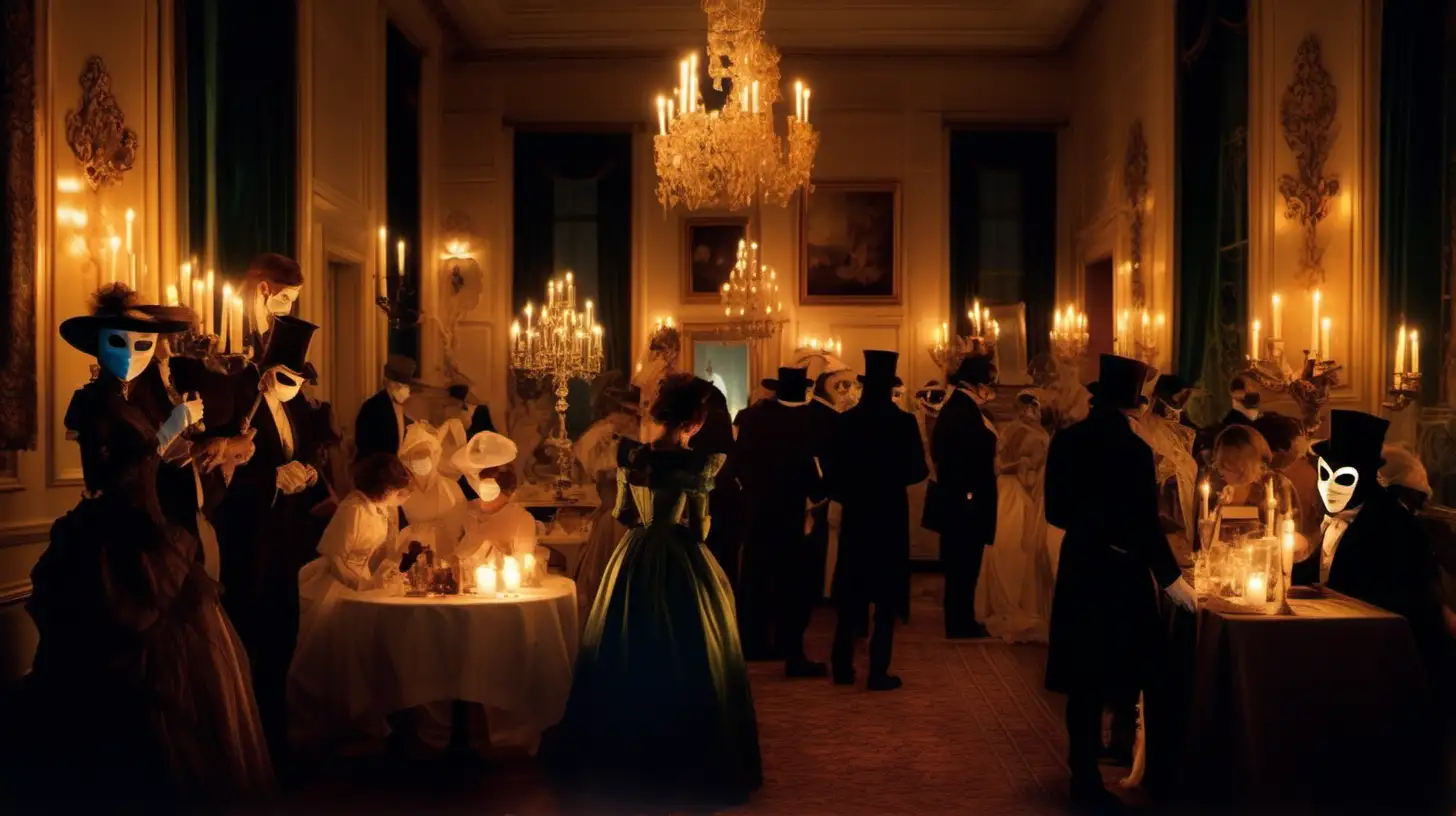 Una escena cándida de un baile de máscaras bajo la luz de las velas en una mansión victoriana durante la noche