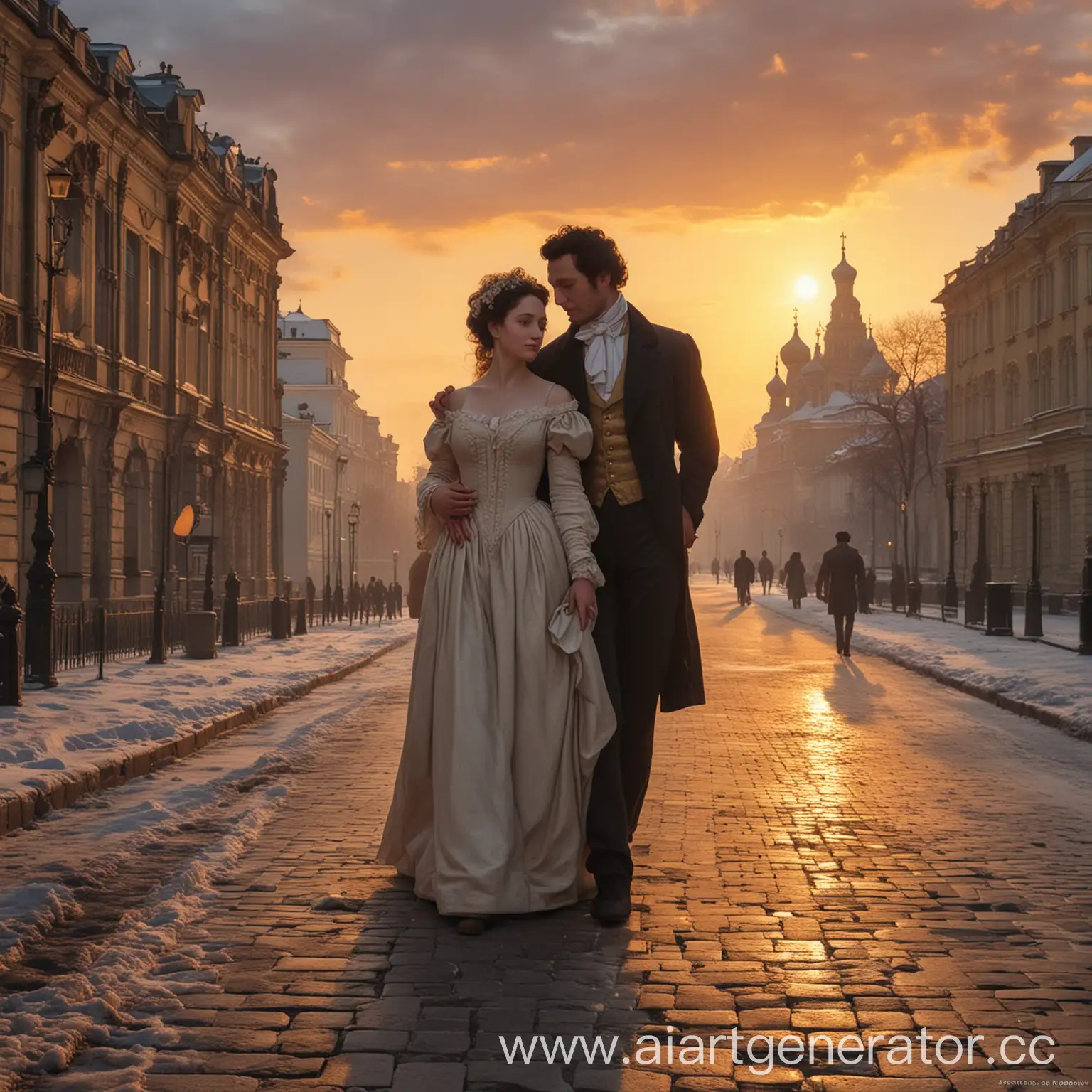 Russian-Poet-Pushkin-and-Wife-Strolling-Through-Sunset-Cityscape