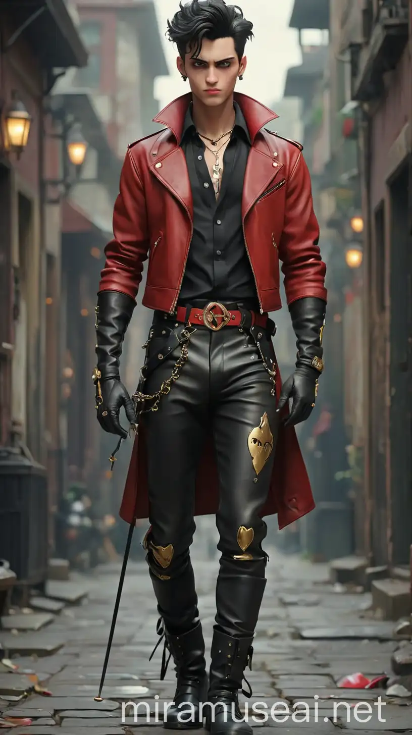 Ace Hearts, the teenage son of the Queen of Hearts, stands at 6 feet tall with a lean, athletic build, embodying the look of a rebel prince. His fair complexion has a slight rosy undertone, and his deep green eyes hold an intense, enigmatic gaze that reflects both his royal heritage and rebellious spirit. His jet-black hair, streaked with vivid red, is styled in a messy yet deliberate manner, reminiscent of a modern greaser, merging James Dean's classic look with e-boy aesthetics. His typical outfit includes a deep red fitted leather jacket adorned with subtle black playing card suits stitched into the sleeves, silver zippers, and studs adding a punk touch. Underneath, Ace wears a black silk shirt with a subtle gold heart pattern, slightly unbuttoned to reveal a silver chain necklace with an ornate heart pendant. Slim-fit black leather pants with gold and red stitching, along with heart-shaped patches on the knees, accentuate his athletic build, cinched at the waist by a gold belt with a heart-shaped buckle. Ace's black leather boots, featuring red laces and gold eyelets, rise just above the ankle, combining ruggedness and style suitable for both Wonderland and the modern world. He completes his look with black leather gloves with cut-off fingers, each adorned with a small silver heart on the back, and a sleek black cane with a silver heart-shaped handle, symbolizing his princely status and his mother's iconic scepter. Incorporating dark Y2K and e-boy aesthetics, Ace sports a few piercings—silver studs in his ears and a small hoop on his left eyebrow. His nails are painted black with small red hearts on the ring fingers, and his wardrobe predominantly features deep reds and blacks, with touches of silver, gold, and white. This color palette highlights his connection to the Queen of Hearts while showcasing his unique, modern rebellious edge. Ace Hearts perfectly blends Wonderland's whimsical yet dark allure with the opulence of a rebellious prince. 