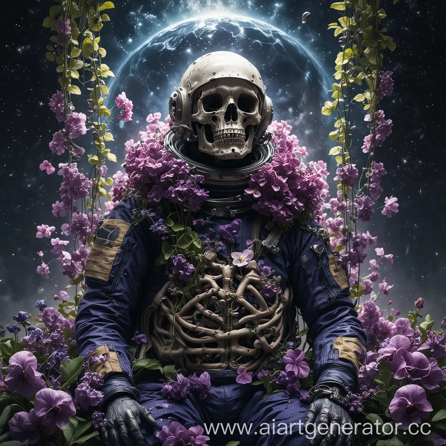 Astronaut-with-Skull-Helmet-Swinging-in-Space-with-Violets