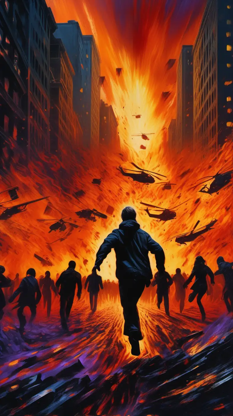 Create a movie poster with a vivid and dramatic art style. A terrified crowd fleeing in panic. Depicted in deep blacks and dark grays, contrasting sharply with fiery oranges and reds representing destruction. Explosive effects and in bright yellows, oranges, blues, and purples, as well as whites. The illustration style, reminiscent of Drew Struzan, is hyper-realistic with detailed textures and dramatic lighting.