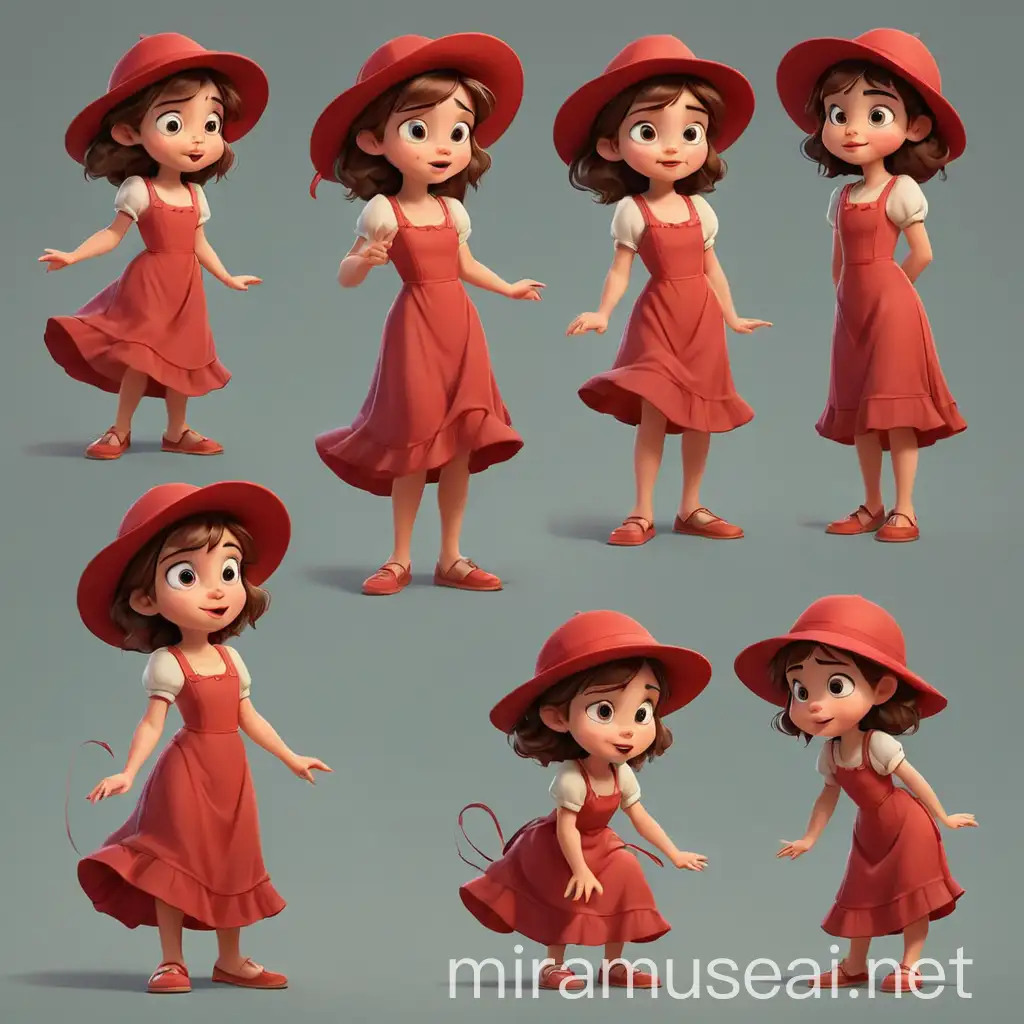 2D cartoon Disney character digital art of little girl, multiple posses, red hat, long dress. superb linework, classic 2D Disney style art, close-up, inspired by the art styles of Glen Keane and Aaron Blaise, Disney-style character concept with a Disney-style face, (trending on artstation), Disney-style version of little girl, multiple posses, red hat, long dress