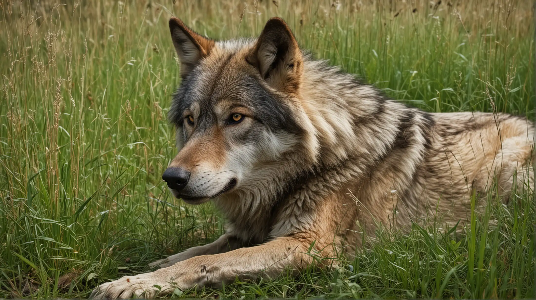 Old Wounded Wolf Resting in Tall Grass