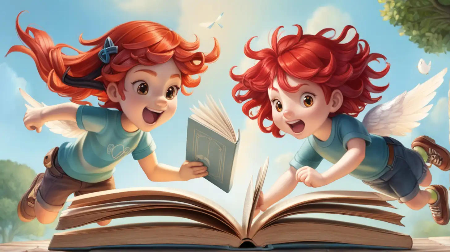A flying book with two children on it one with red hair
