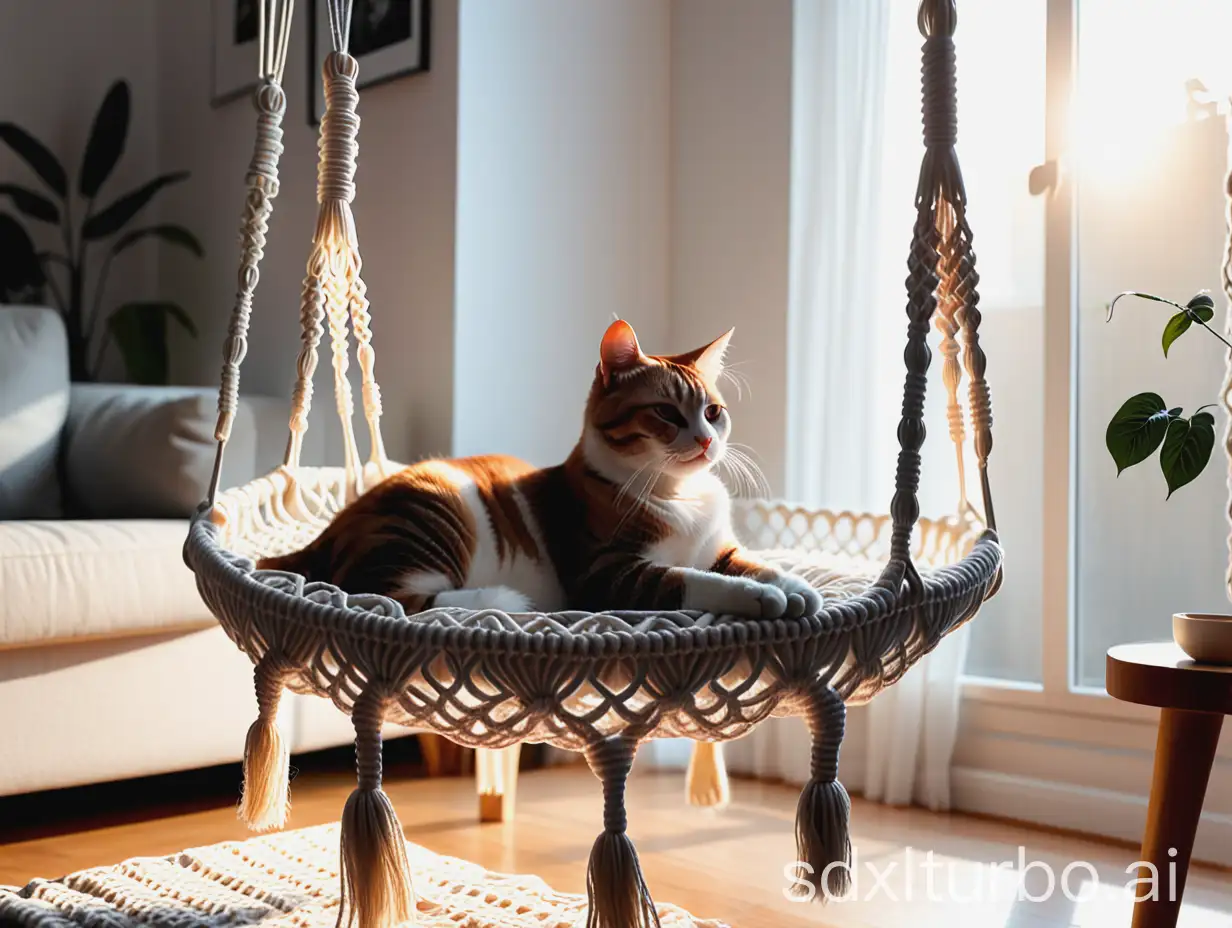 Cozy-Afternoon-Scene-Cat-Relaxing-on-Macrame-Bed-in-Soft-Living-Room-Light