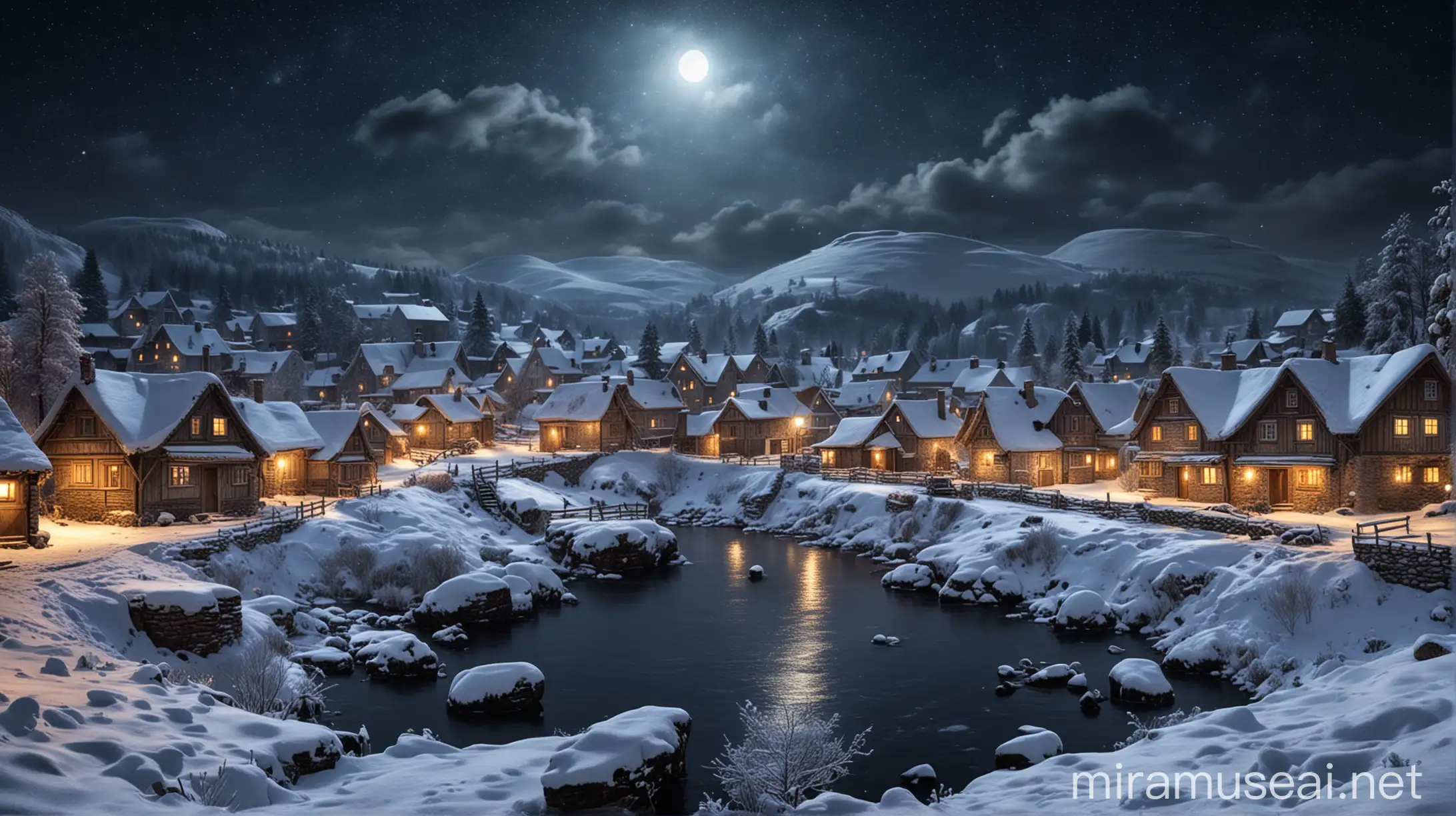 Snowy Night Village Landscape Cozy Cottages and Glistening Snowfall