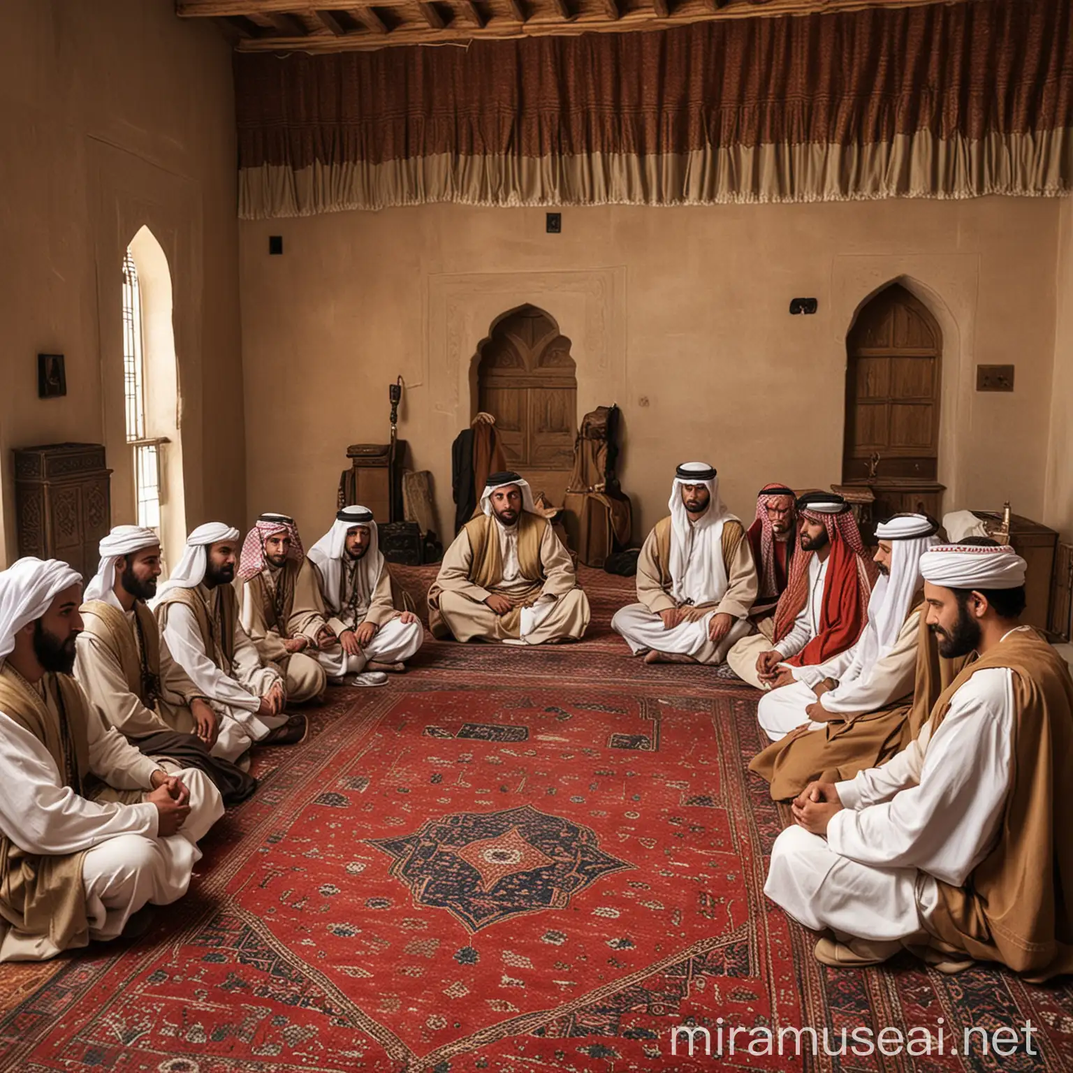 600ad arabian meeting in group inside room
