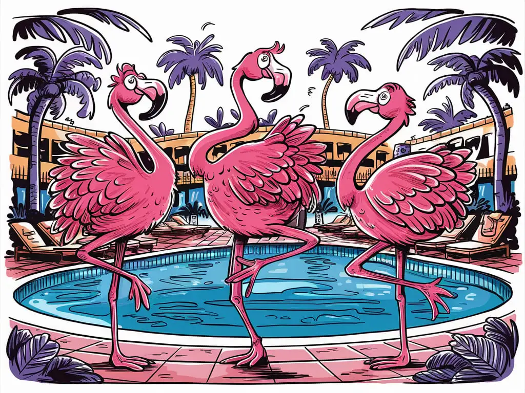 An illustration in the style of the artist Tiago Hoisel, 3 pink flamingos dancing by the pool in the hotel, full compliance with the style of Tiago Hoisel